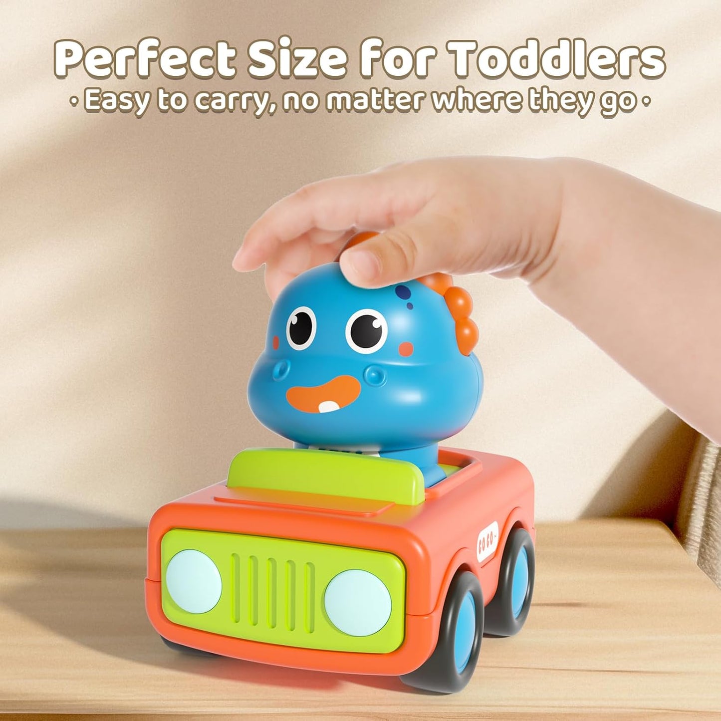 Press Go Dinosaur Car Toys for Toddlers 1-3, Push-Go Friction Powered Infant Toys, Birthday Easter Gift for Boys 6-18 Months, ABS, 4 Count