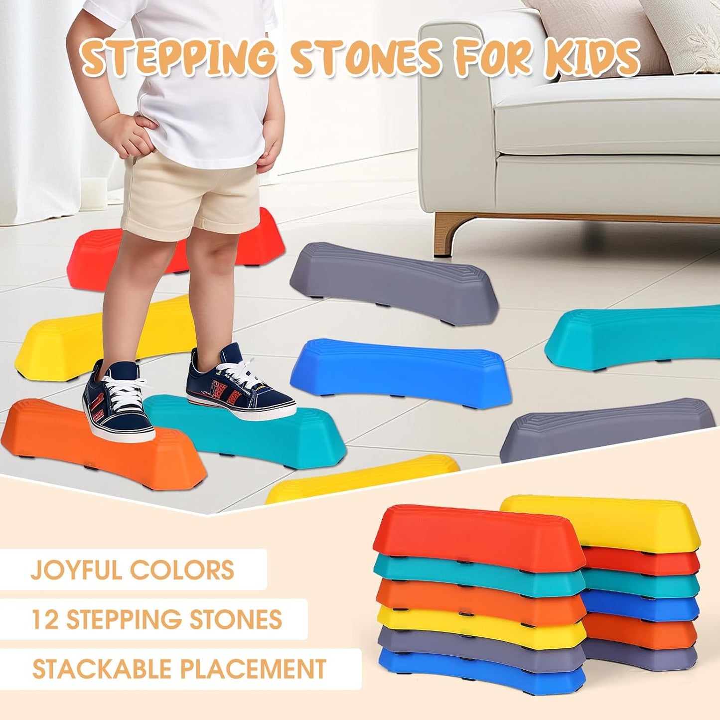 Stepping Stones for Kids,12Pcs Non-Slip Plastic Balance Beam for Promoting Toddler's Coordination Skills,Indoor or Outdoor Obstacle Course Game Sensory Play Toys Ages 3-8 Years and up