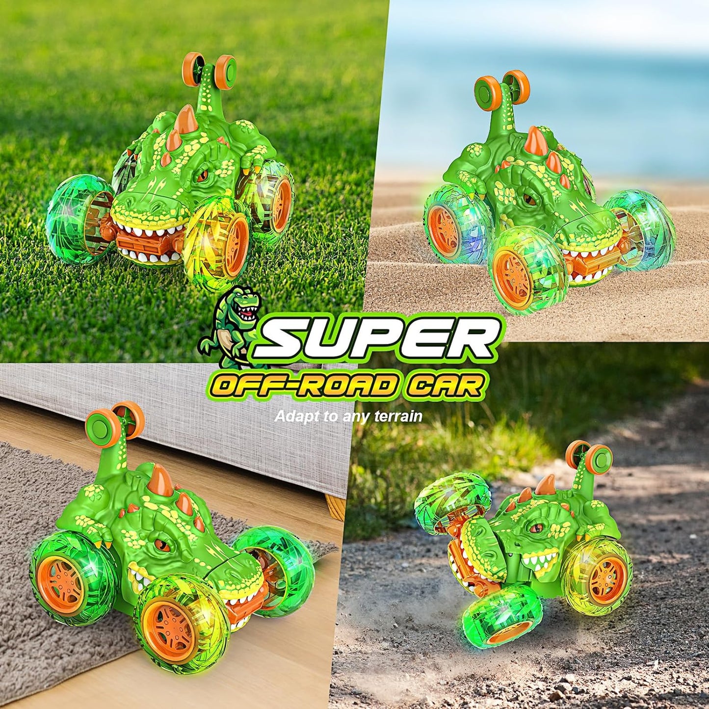 Dinosaur Stunt RC Car, Cool Rechargeable Remote Control Car with 360 Flips 4WD Wheel Lights for Boys Birthday Chritmas Gifts