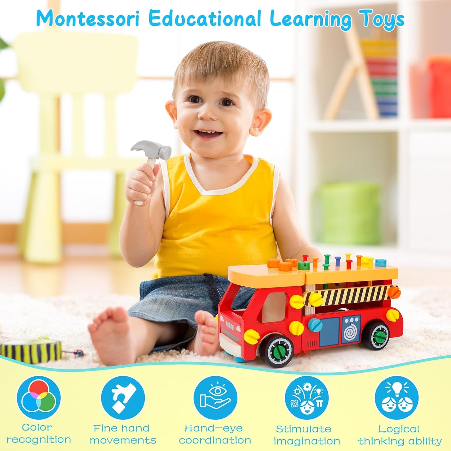 Kids Tool Set for Boys, Wooden Toddler Tool Bench Montessori Toys for 2+Year Old, 62 Pcs Construction Educational Pretend Play for Age 2-5 Birthday Gift