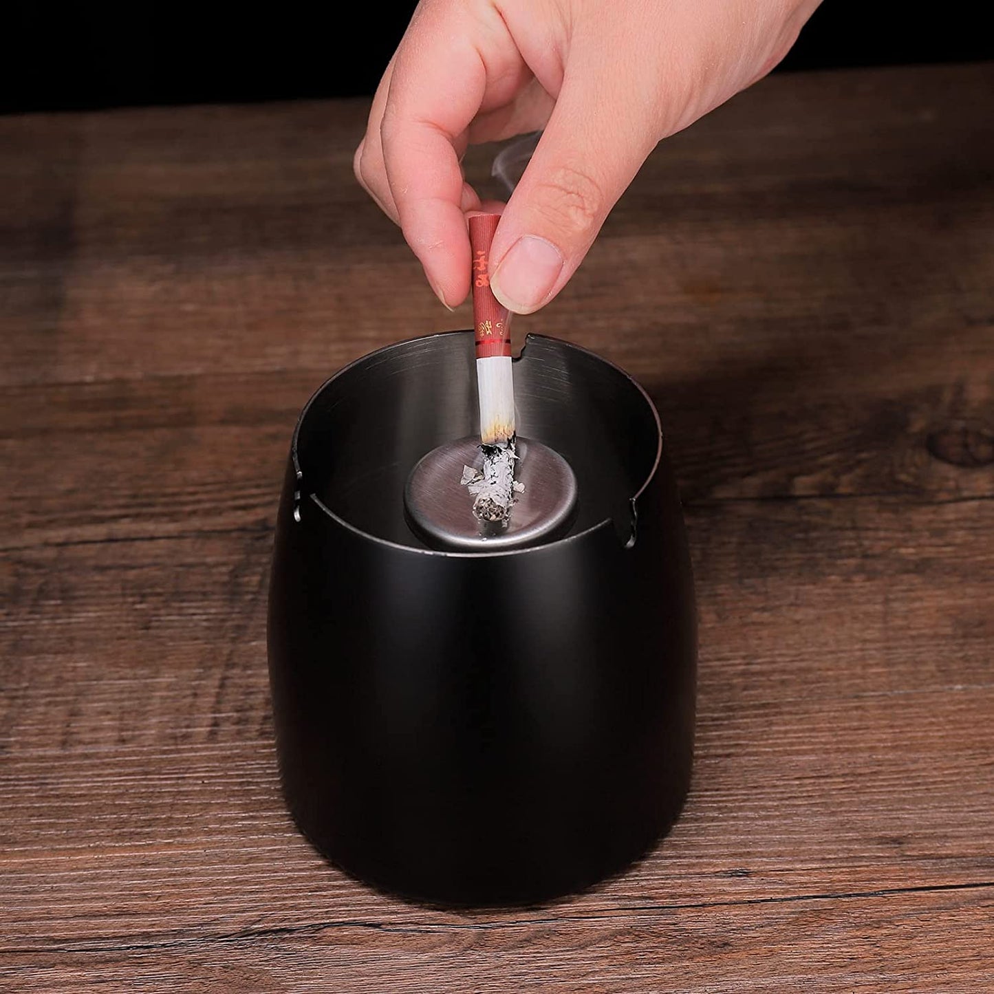 WQFSTORE Ashtray with Lid for Cigarettes, Stainless Steel Smokeless Ashtrays for Home Outsides Office Indoor, Black (3.55x 3 x 3.38 in)