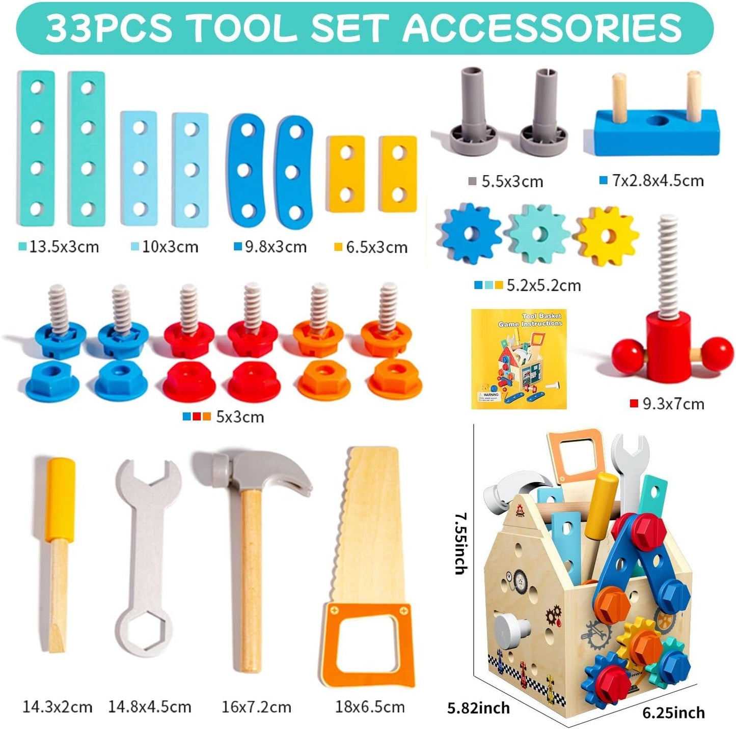 Kids Tool Set, 33 Pcs Wooden Toddler Tools with Box / Bench / Tool House for 2 Year Old Boy, Montessori Educational Pretend Play Construction Toys for Age 2-5 Birthday Gift