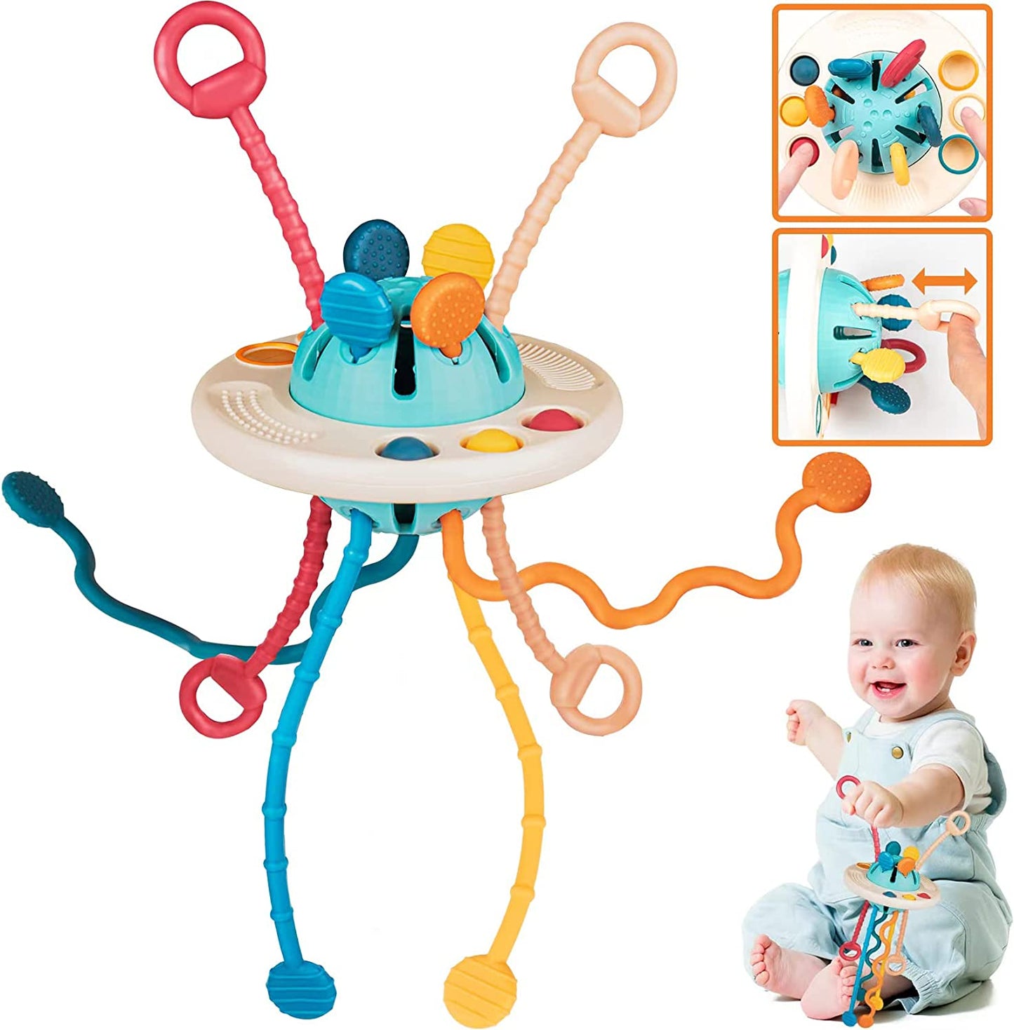 Montessori Sensory Toys for 1 Year Old, UFO Food Grade Silicone Pull String Baby Toys for 6-12 Months, Toddler Learning Activity Toys for Christmas Birthday Gift