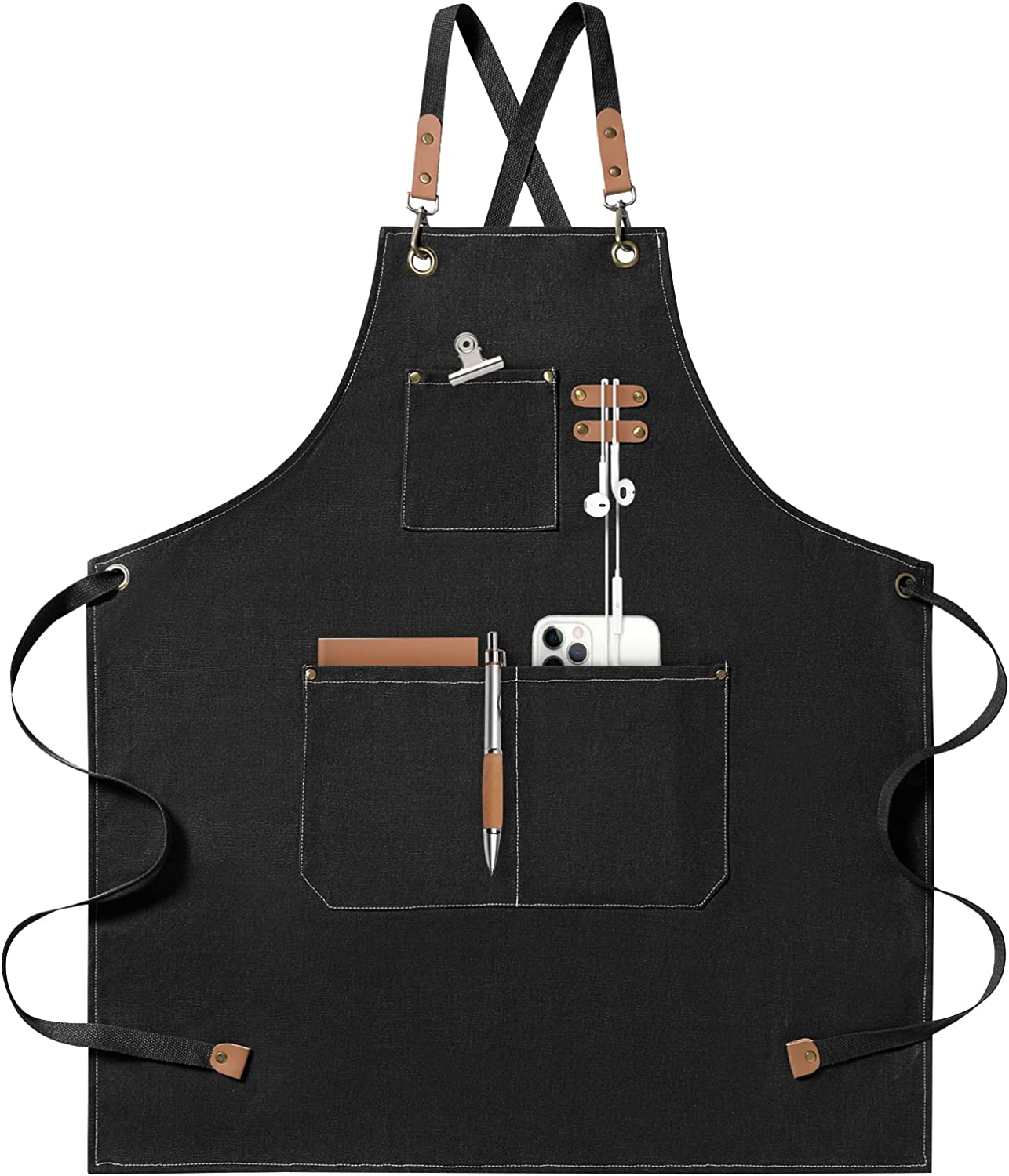 Chef Apron for Men and Women with Large Pockets , Canvas Cross Back Cotton Work Aprons,Size M to XXL, Black