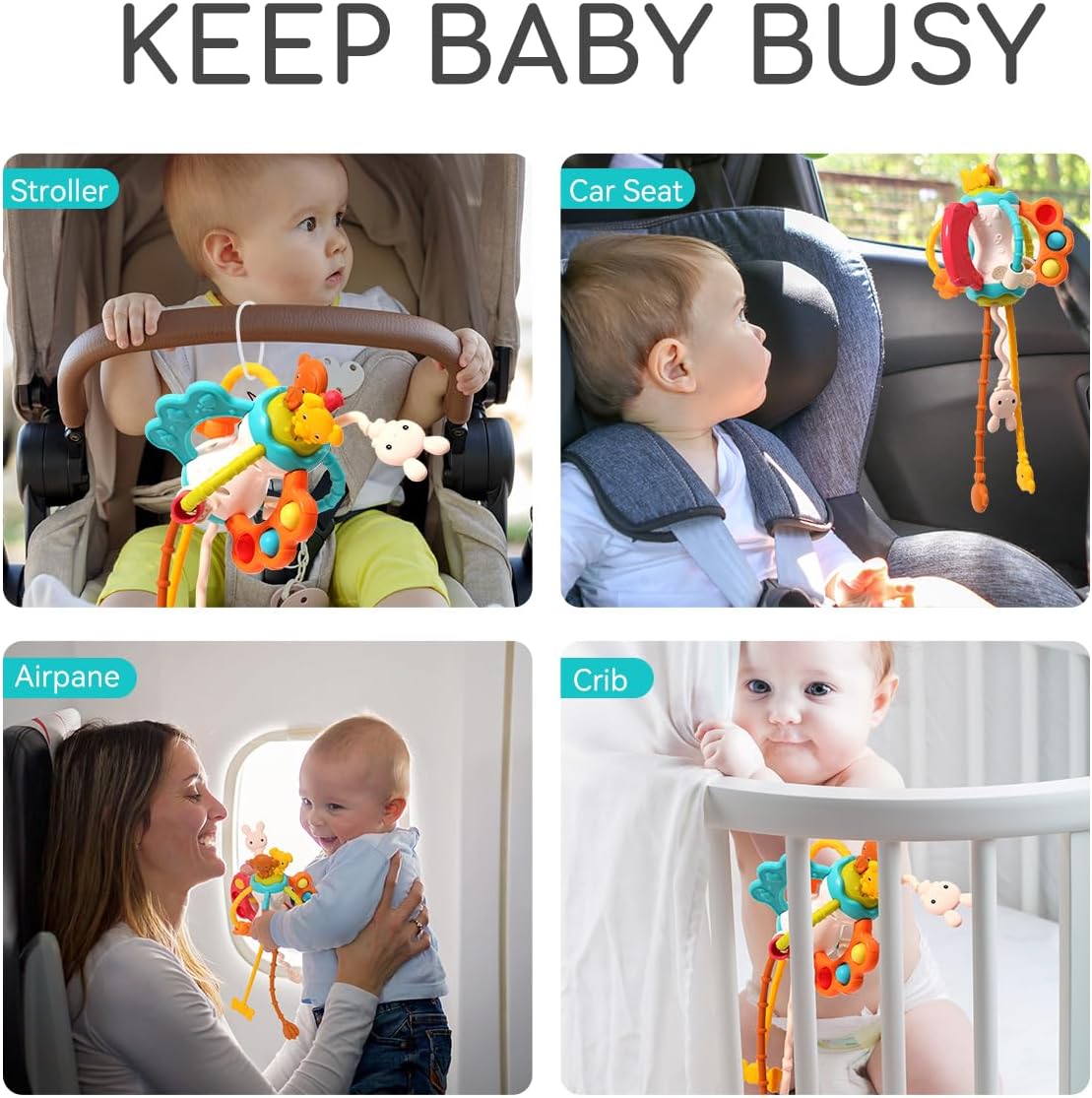 Montessori Toys for Babies 6-12 Months, Infant Sensory Gift Develops Fine Motor Skills, Toddler Boy Girl Travel Toys, with Silicone Pull Strings for 1 Year Olds
