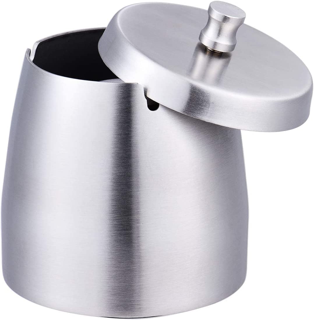 WQFSTORE Ashtray with Lid for Cigarettes, Stainless Steel Smokeless Ashtrays for Home Outside Office Indoor, Grey (3.55x 3 x 3.38 In)