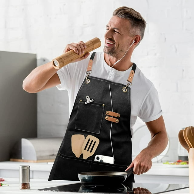 Chef Apron for Men and Women with Large Pockets , Canvas Cross Back Cotton Work Aprons,Size M to XXL, Black