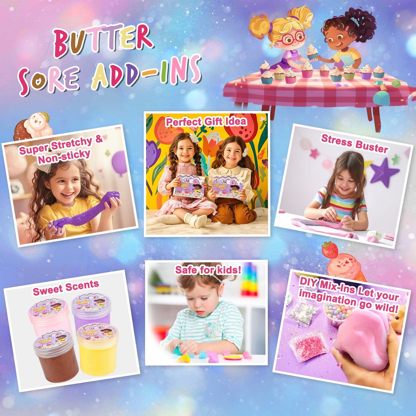 Butter Slime Kit for Girls, Fluffy & Scented DIY Slime Kit with Ice Cream, Donut, Cupcake Accessories, Colorful & Vibrant Slime Making Set Toys for Kids Ages 6-12, Idea Christmas Gift