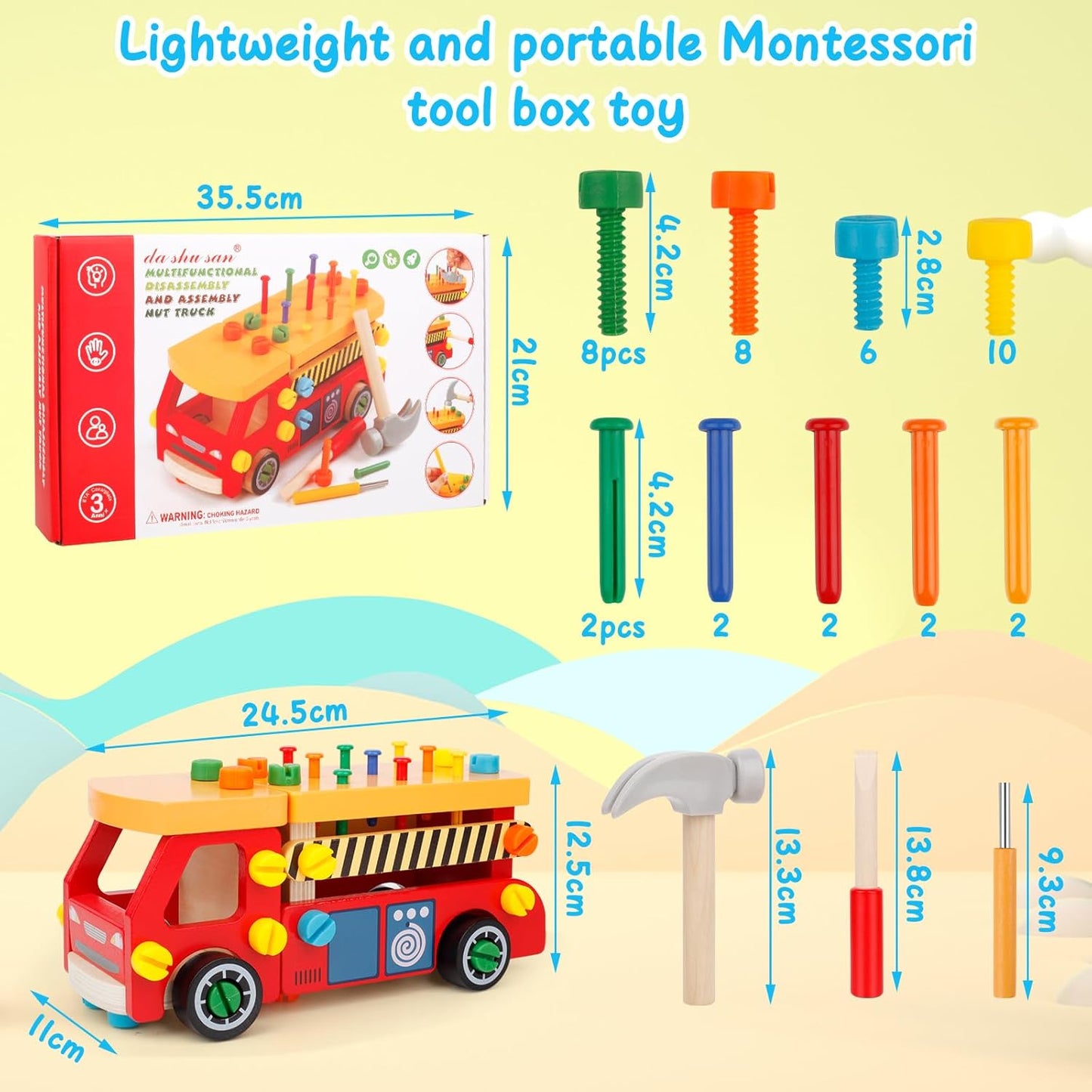 Kids Tool Set for Boys, Wooden Toddler Tool Bench Montessori Toys for 2+Year Old, 62 Pcs Construction Educational Pretend Play for Age 2-5 Birthday Gift