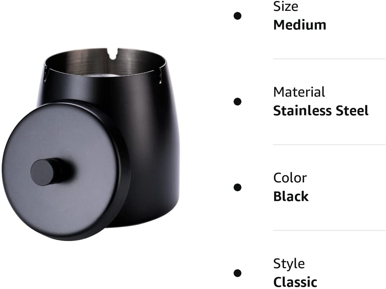 WQFSTORE Ashtray with Lid for Cigarettes, Stainless Steel Smokeless Ashtrays for Home Outsides Office Indoor, Black (3.55x 3 x 3.38 in)