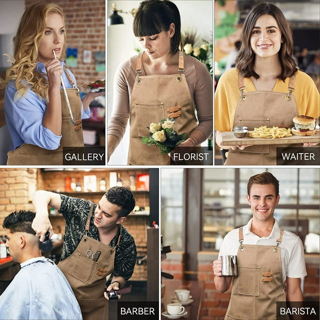 Chef Apron for Men and Women with Large Pockets, Canvas Cross Back Cotton Work Aprons,Size M to XXL, Brown
