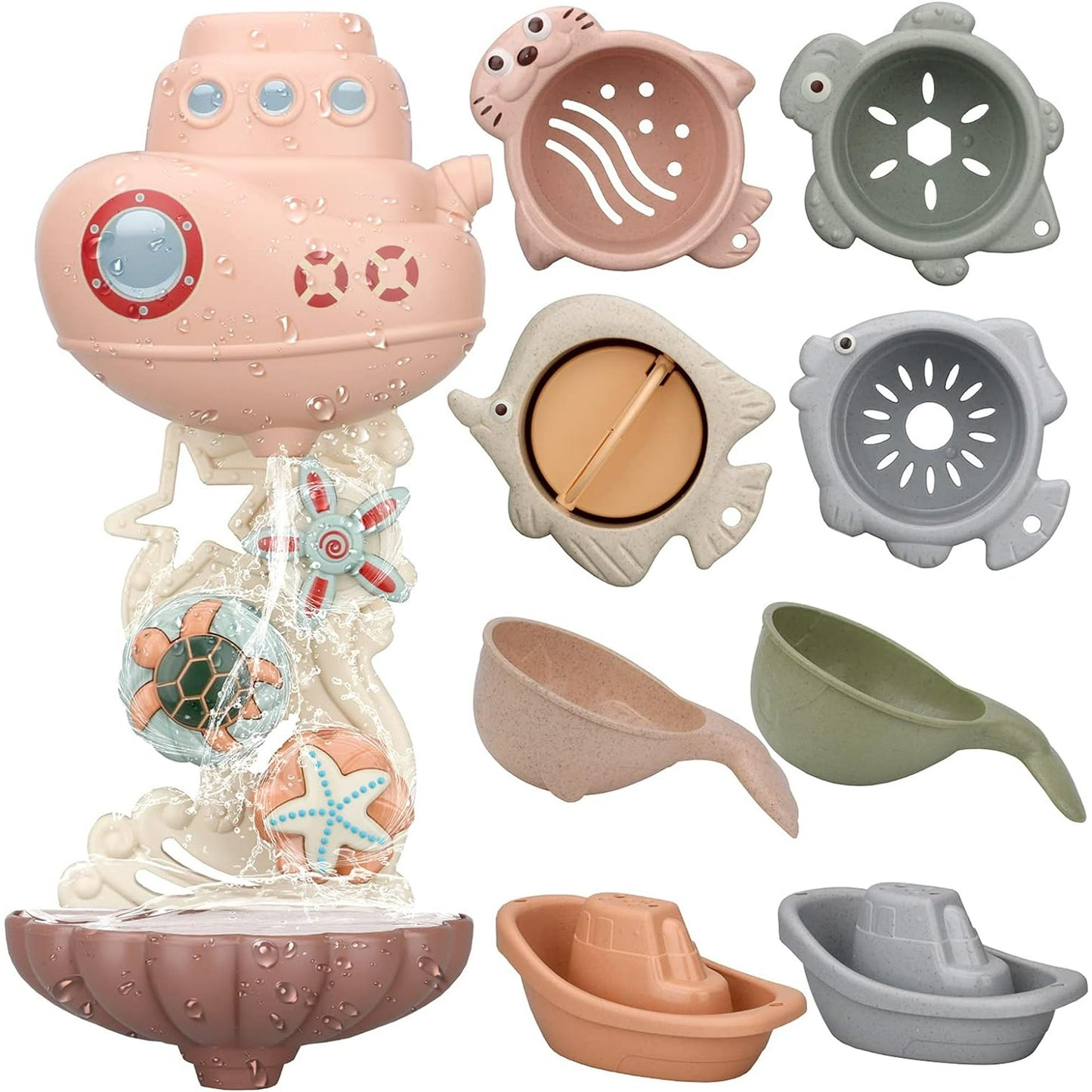 Baby Bath Wall Toys for 1-3 Year Old, Bathtub Water Toys - Contains 4 Stacking Cups, 2 Boats 2 Whale-Shaped Spoons, Gift for 1 Year Old Toddler Boys Girls