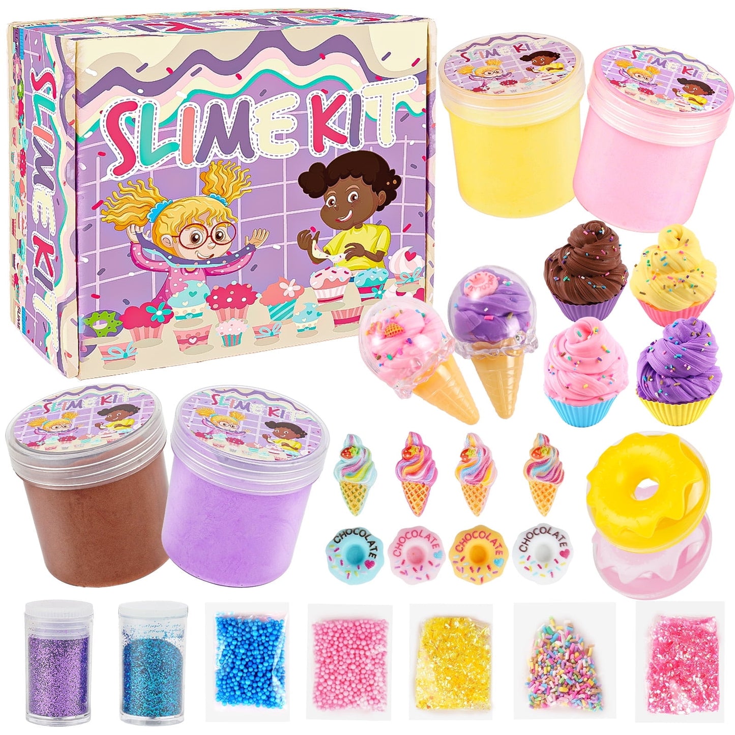 Butter Slime Kit for Girls, Fluffy & Scented DIY Slime Kit with Ice Cream, Donut, Cupcake Accessories, Colorful & Vibrant Slime Making Set Toys for Kids Ages 6-12, Idea Christmas Gift