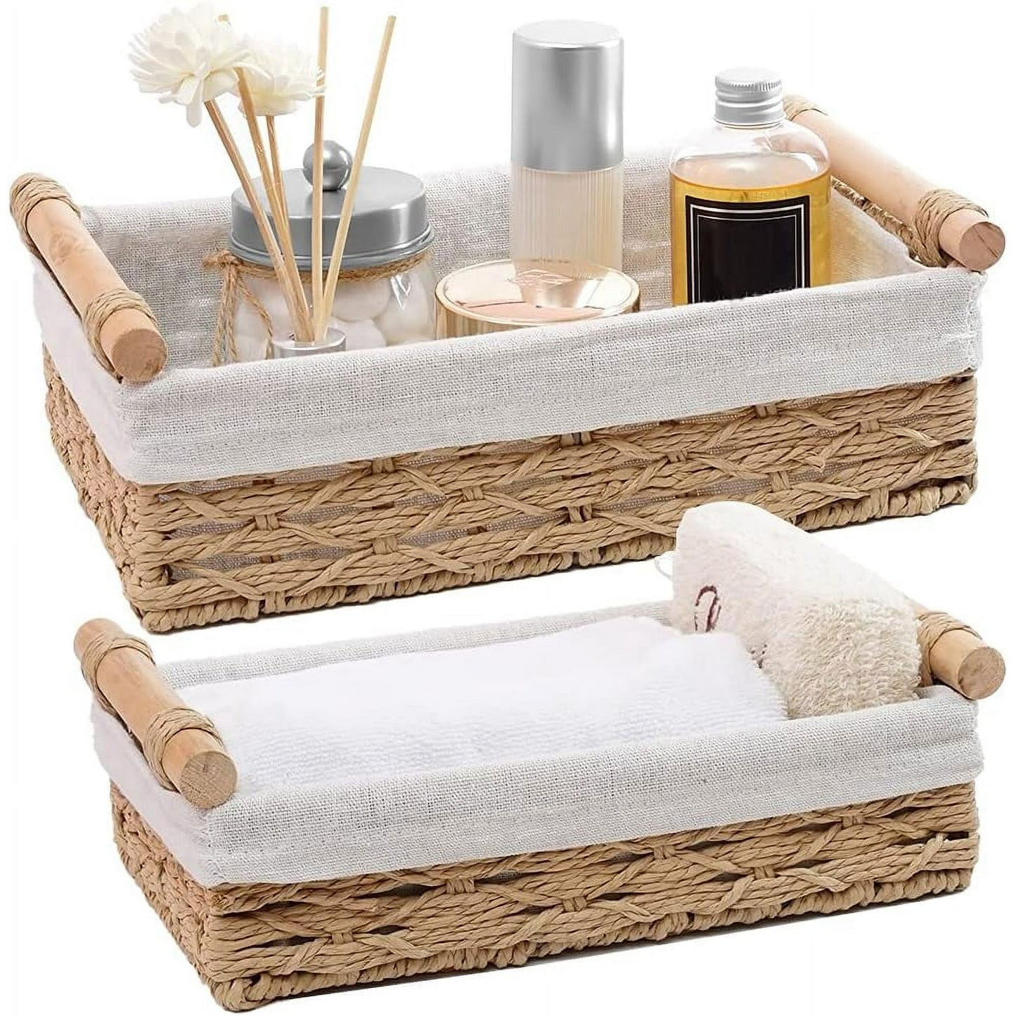 LTONLINE Wicker Storage Baskets with Wooden Handles, Small Decorative Baskets for Organizing, Bathroom Toilet Tank Baskets (Set of 2,Beige)