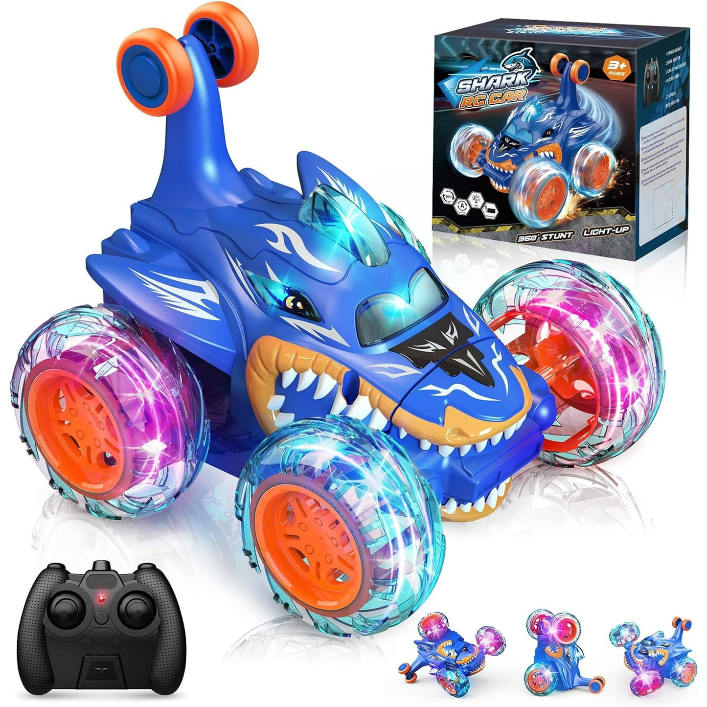 Stunt RC Car, Cool Rechargeable Remote Control Car with 360 Flips 4WD Wheel Lights for Boys Birthday Chritmas Gifts, Shark