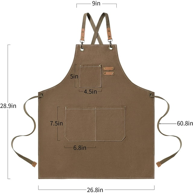Chef Apron for Men and Women with Large Pockets, Canvas Cross Back Cotton Work Aprons,Size M to XXL, Brown