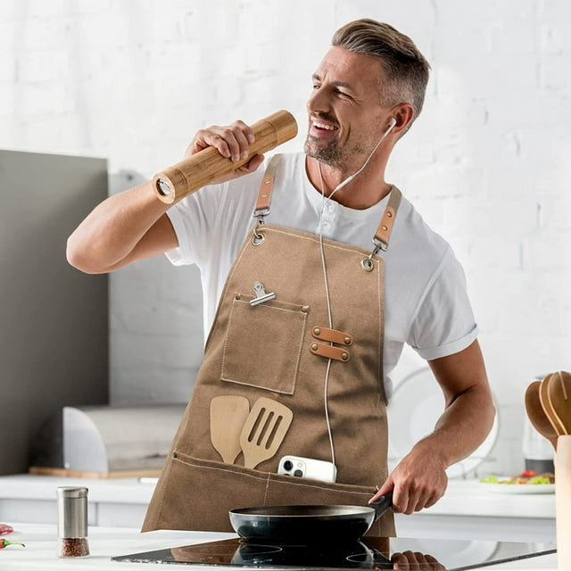 Chef Apron for Men and Women with Large Pockets, Canvas Cross Back Cotton Work Aprons,Size M to XXL, Brown