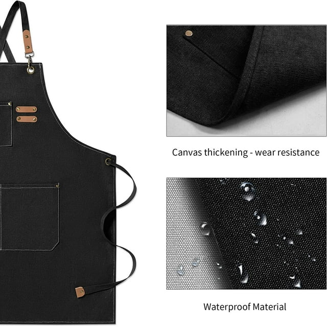 Chef Apron for Men and Women with Large Pockets , Canvas Cross Back Cotton Work Aprons,Size M to XXL, Black