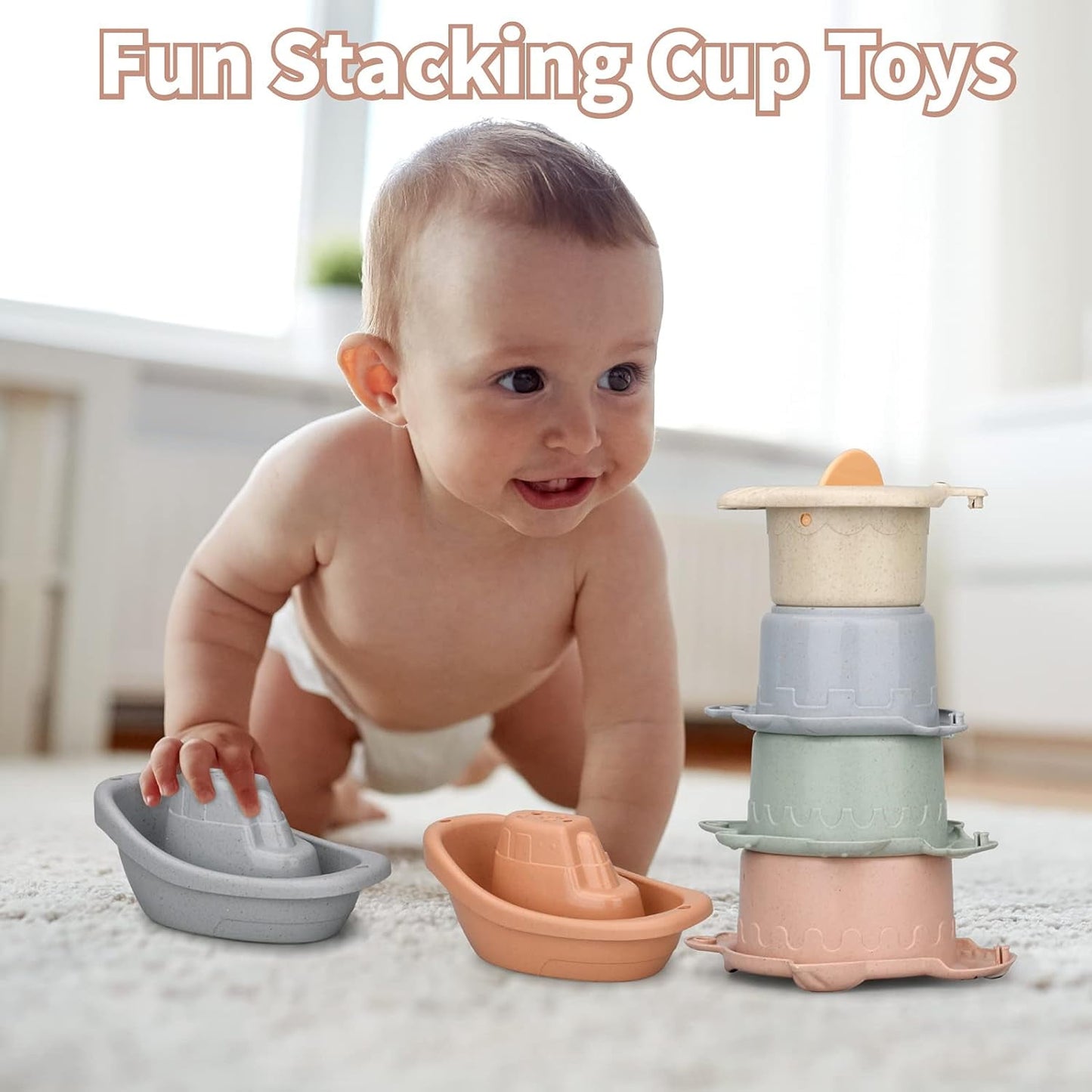 Baby Bath Wall Toys for 1-3 Year Old, Bathtub Water Toys - Contains 4 Stacking Cups, 2 Boats 2 Whale-Shaped Spoons, Gift for 1 Year Old Toddler Boys Girls