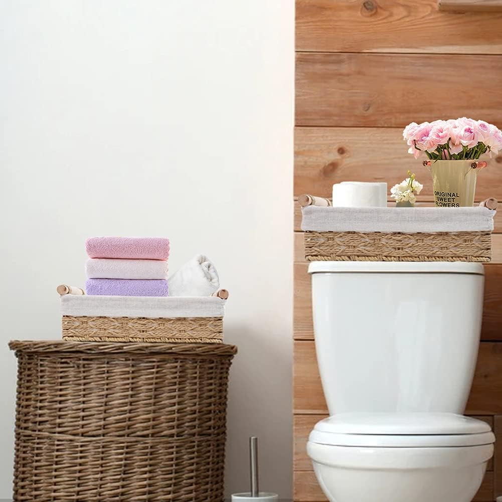 LTONLINE Wicker Storage Baskets with Wooden Handles, Small Decorative Baskets for Organizing, Bathroom Toilet Tank Baskets (Set of 2,Beige)