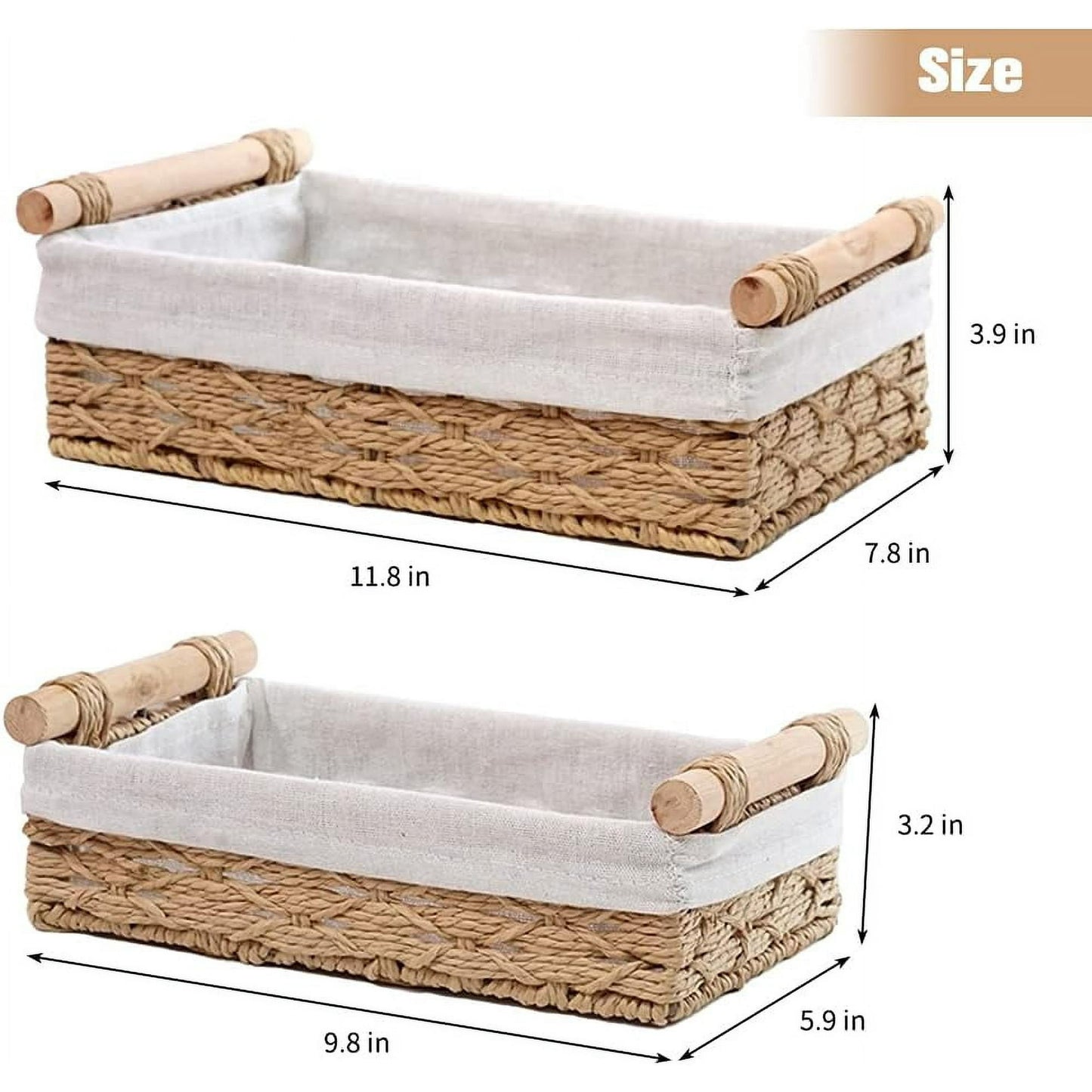 LTONLINE Wicker Storage Baskets with Wooden Handles, Small Decorative Baskets for Organizing, Bathroom Toilet Tank Baskets (Set of 2,Beige)