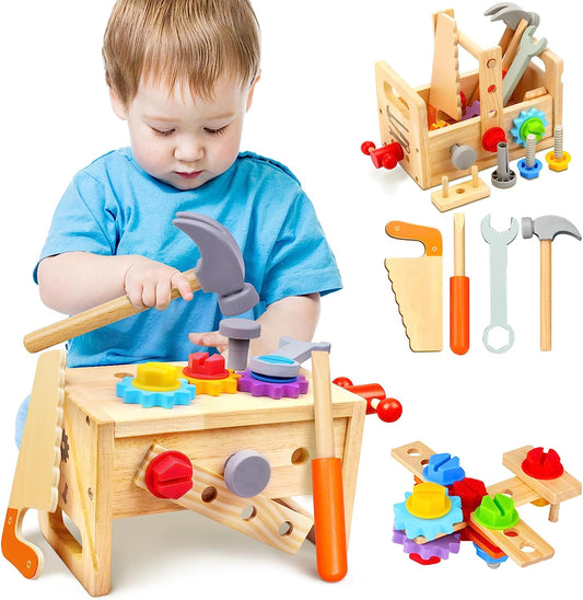 Kids Tool Set for Boys - 29 Pcs Wooden Toddler Tool with Box, Montessori Stem Educational Pretend Play Construction Toy Birthday Gift for Boys Age 2-6