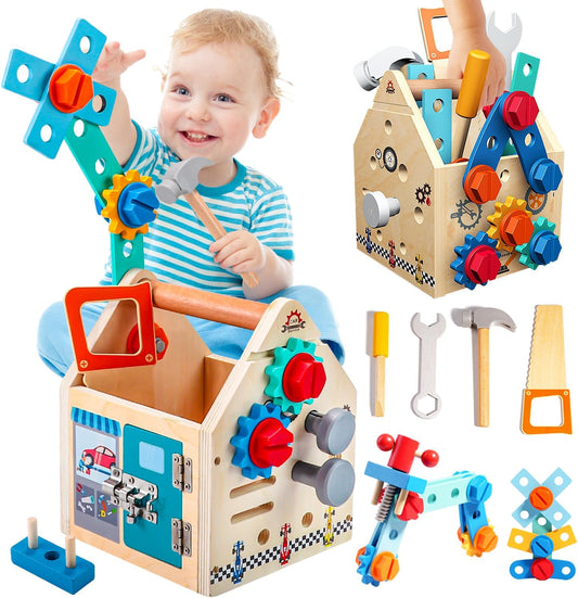 Kids Tool Set, 33 Pcs Wooden Toddler Tools with Box / Bench / Tool House for 2 Year Old Boy, Montessori Educational Pretend Play Construction Toys for Age 2-5 Birthday Gift