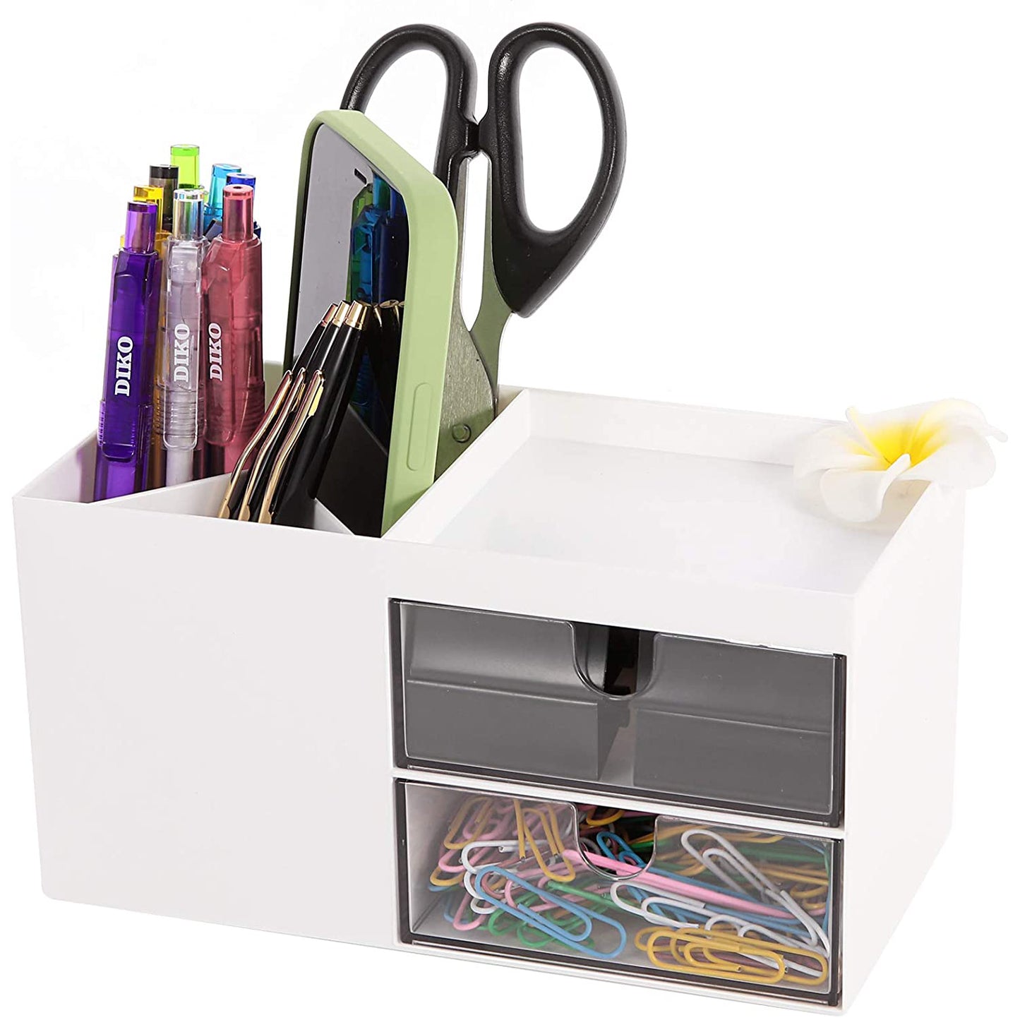 Pencil Pen Holder for Desk, Plastic Office Desk Accessories Organizer, Business Card/Mobile Phone/Stationery Holder Storage Box, White
