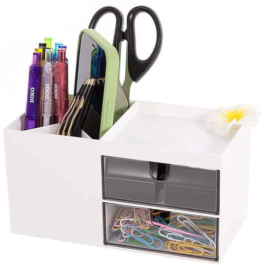 Pencil Pen Holder for Desk, Plastic Office Desk Accessories Organizer, Business Card/Mobile Phone/Stationery Holder Storage Box, White