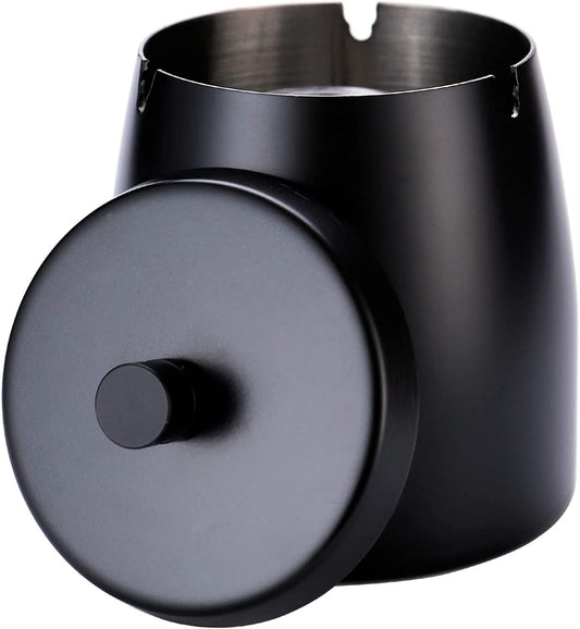 WQFSTORE Ashtray with Lid for Cigarettes, Stainless Steel Smokeless Ashtrays for Home Outsides Office Indoor, Black (3.55x 3 x 3.38 in)