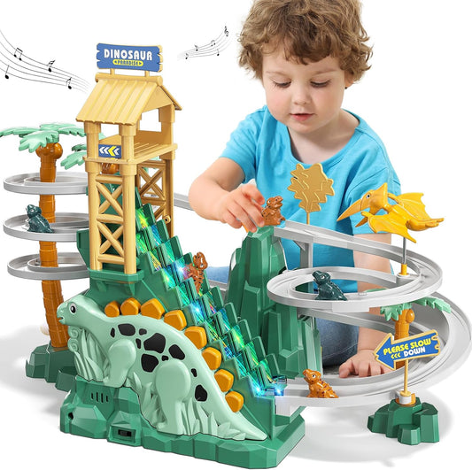 Dinosaur Climbing Slide Stair Toy for Toddlers Boys Aged 3 4 5 6 7 8 - Dinosaur Racing Track Set with Light and Music, Birthday Gifts for Kids Boys 3- 8 years