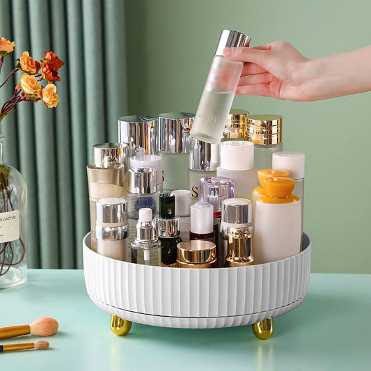 360° Rotating Makeup Organizer - Large White Cosmetic Storage with Perfume Tray for Dresser & Bathroom | Spacious Vanity Organizer for Jewelry & Skincare Essentials