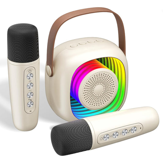 Mini Karaoke Machine for Kids, Portable Bluetooth Speaker with 2 Wireless Microphones, Singing Machine Karaoke Toys for Girls Christmas Birthday Gifts,Creamy White