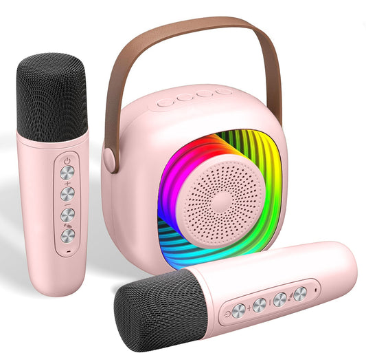 Mini Karaoke Machine for Kids, Portable Bluetooth Speaker with 2 Wireless Microphones, Singing Machine Karaoke Toys for Girls Christmas Birthday Gifts, Pink