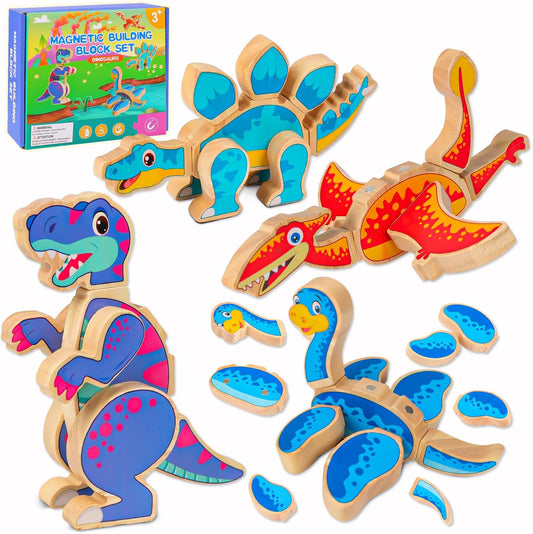 Toddler Dinosaur Magnetic Building Toys, Wooden Take Apart Dinosaur Playset, STEM Montessori Educational Fine Motor Skill Toy Gift for 3 4 5 Years Old Kids
