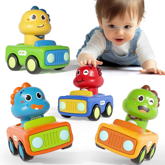 Press Go Dinosaur Car Toys for Toddlers 1-3, Push-Go Friction Powered Infant Toys, Birthday Easter Gift for Boys 6-18 Months, ABS, 4 Count