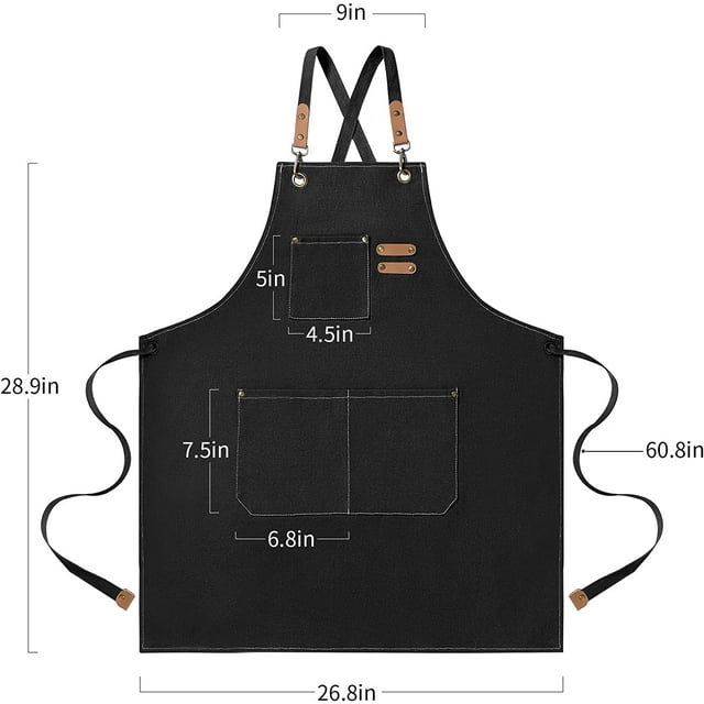 Chef Apron for Men and Women with Large Pockets , Canvas Cross Back Cotton Work Aprons,Size M to XXL, Black