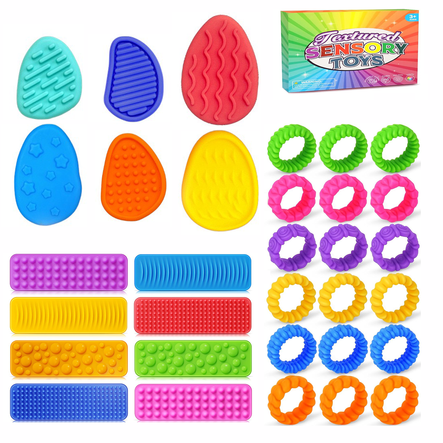 Sensory Fidget Toys Kids : 32 Pack Quiet Squishy Fidgets for Classroom Students Prizes-Textured Soft Rings and Suction Toys for Autism Calming, Fidget Stress Toys for adult Anxiety Relief