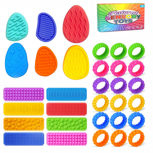 Sensory Fidget Toys Kids : 32 Pack Quiet Squishy Fidgets for Classroom Students Prizes-Textured Soft Rings and Suction Toys for Autism Calming, Fidget Stress Toys for adult Anxiety Relief
