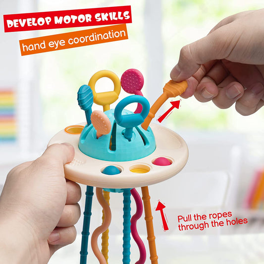 Montessori Sensory Toys for 1 Year Old, UFO Food Grade Silicone Pull String Baby Toys for 6-12 Months, Toddler Learning Activity Toys for Christmas Birthday Gift