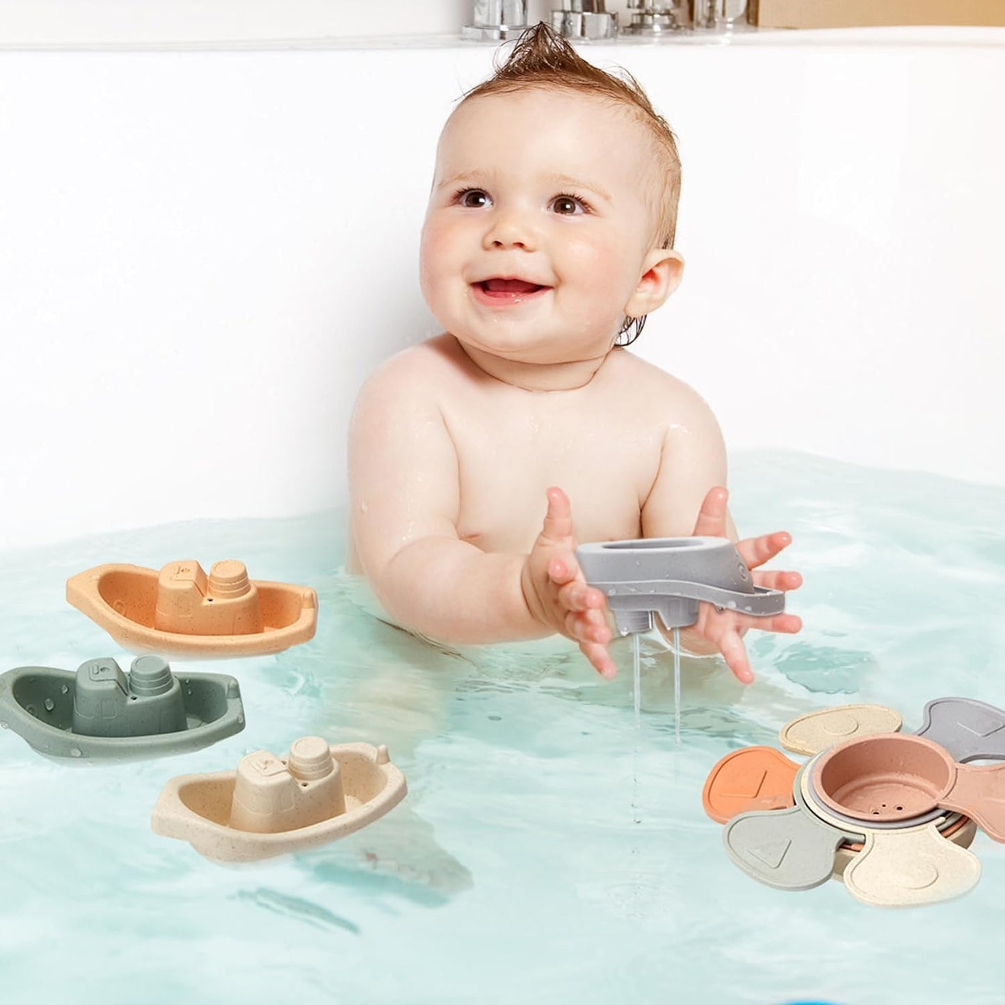 Bath Toys, Floating Boats Train with Bathing Spoon, 11 Pcs Baby Bathtub Toys for Toddler 1-3/Infants 6-12-18 Months,Water Table Toys Mold Free for Tub, Beach, Pool