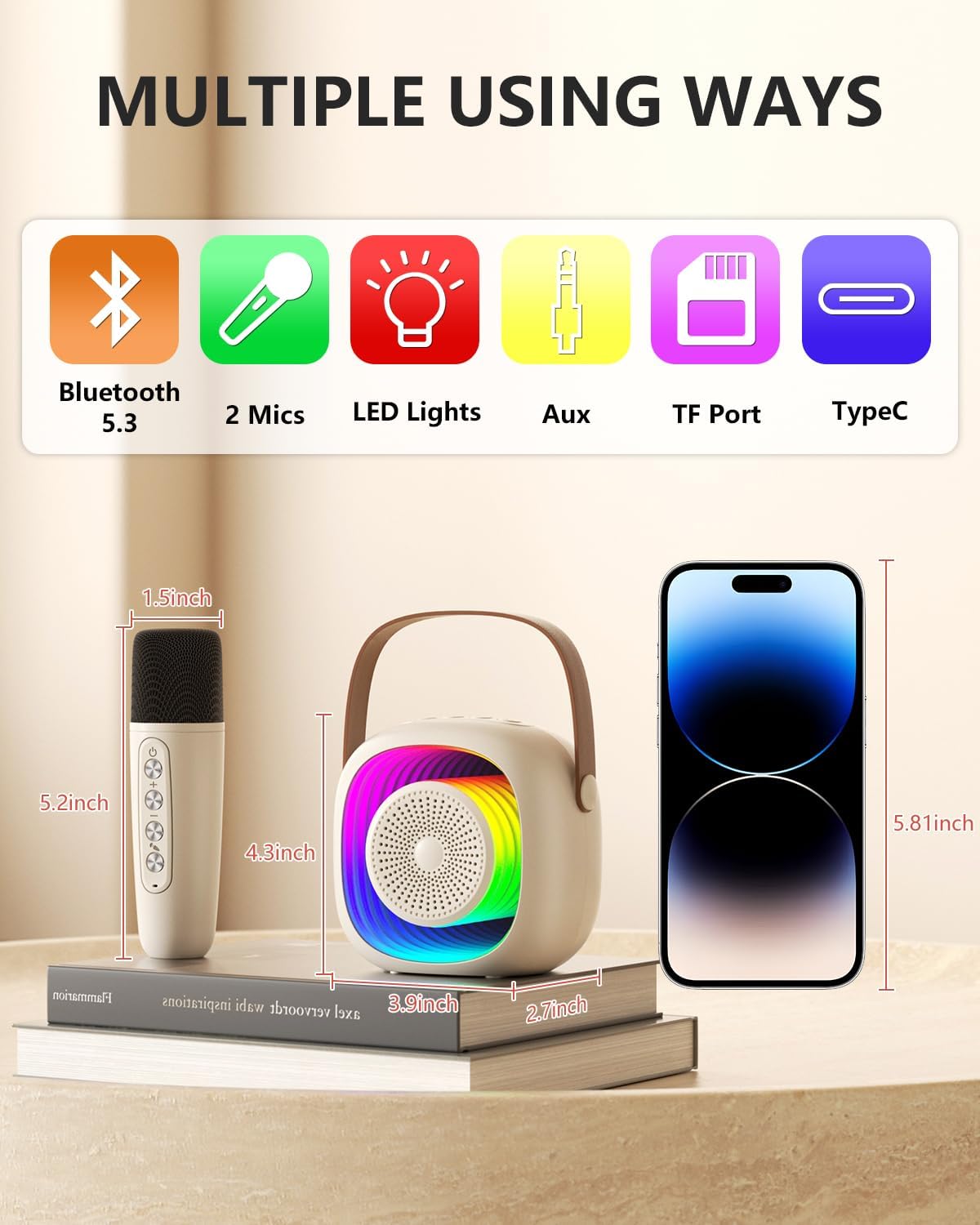 Mini Karaoke Machine for Kids, Portable Bluetooth Speaker with 2 Wireless Microphones, Singing Machine Karaoke Toys for Girls Christmas Birthday Gifts,Creamy White