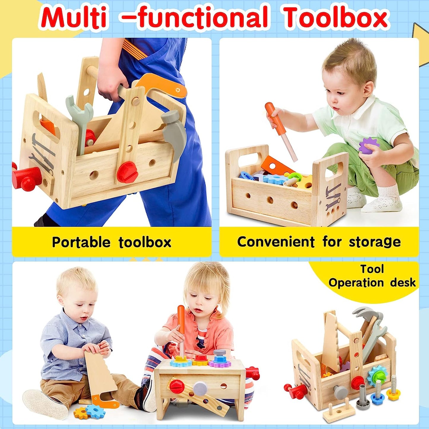 Kids Tool Set for Boys - 29 Pcs Wooden Toddler Tool with Box, Montessori Stem Educational Pretend Play Construction Toy Birthday Gift for Boys Age 2-6