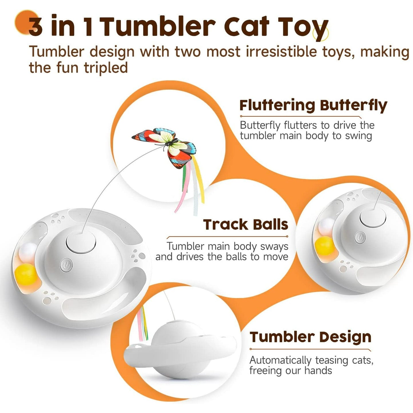 Smart Interactive Cat Toys Upgraded Tumbler with 3 Speeds, Butterfly, Balls, and Paws Kicker