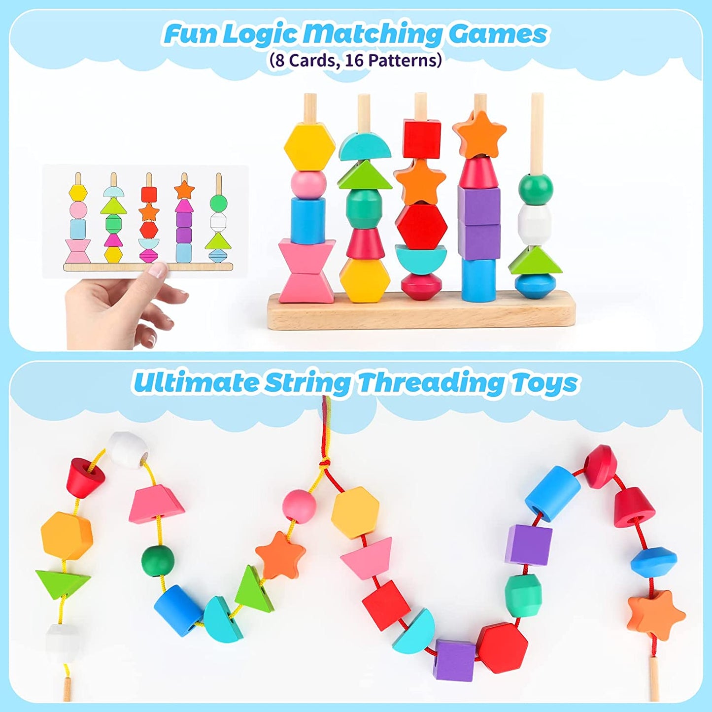 Wooden Beads Sequencing Play Set for Kids, Montessori Lacing Beads & Stacking Blocks & Matching Shapes Colors Toys, Best Preschool Learning Toys for Toddler 2 3 4 5 Year Old Boys Girls