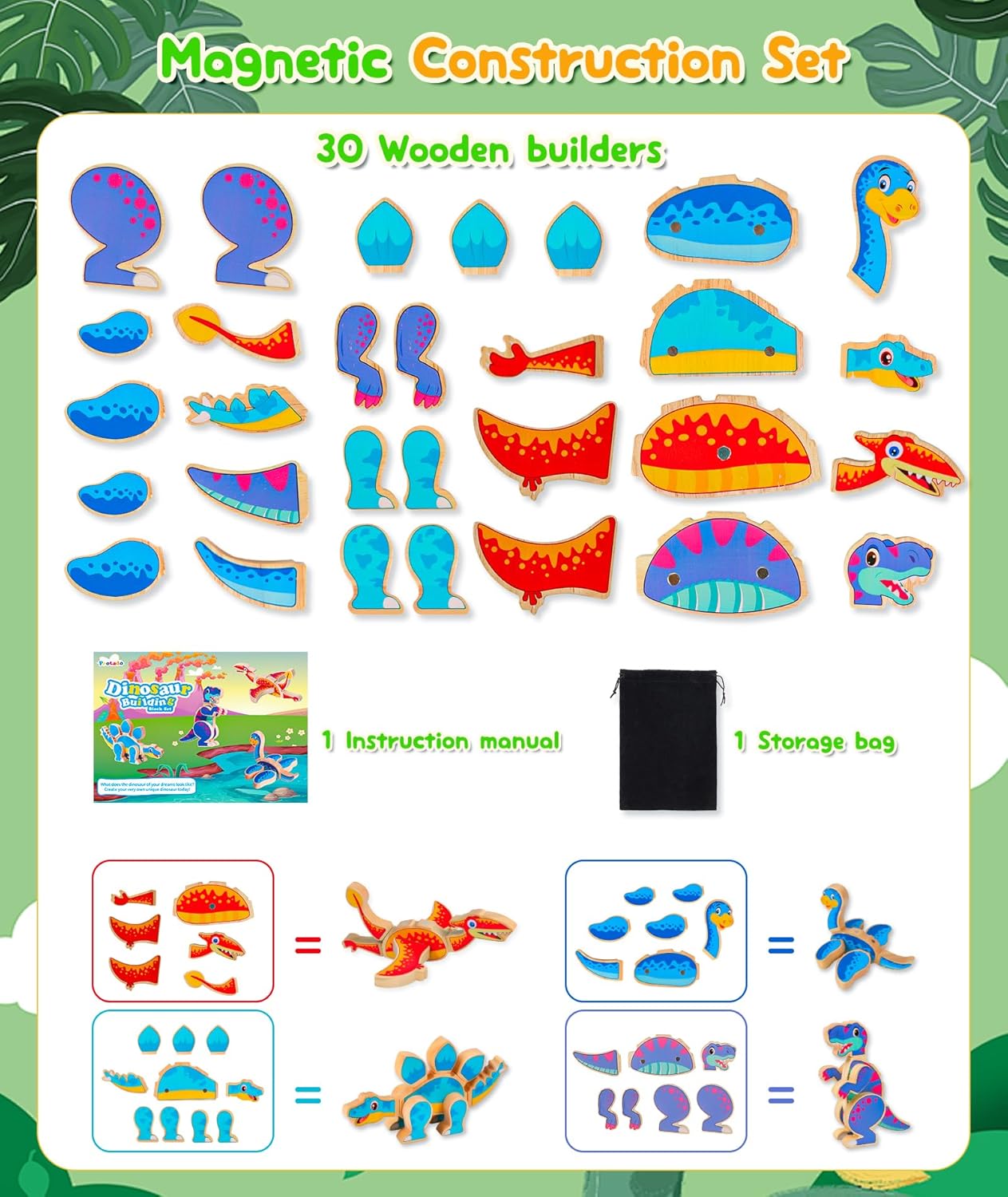 Toddler Dinosaur Magnetic Building Toys, Wooden Take Apart Dinosaur Playset, STEM Montessori Educational Fine Motor Skill Toy Gift for 3 4 5 Years Old Kids