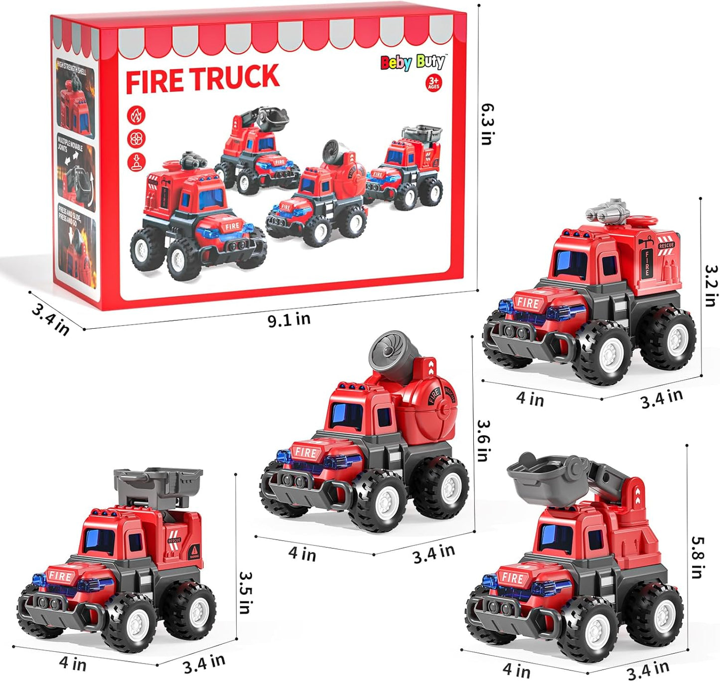 Toys for 1 2 3 Year Old Boys, Press Go Fire Truck Sandbox Vehicles Toy，Baby Push Go Friction Powered Car Set, Toddler Birthday Easter Gifts