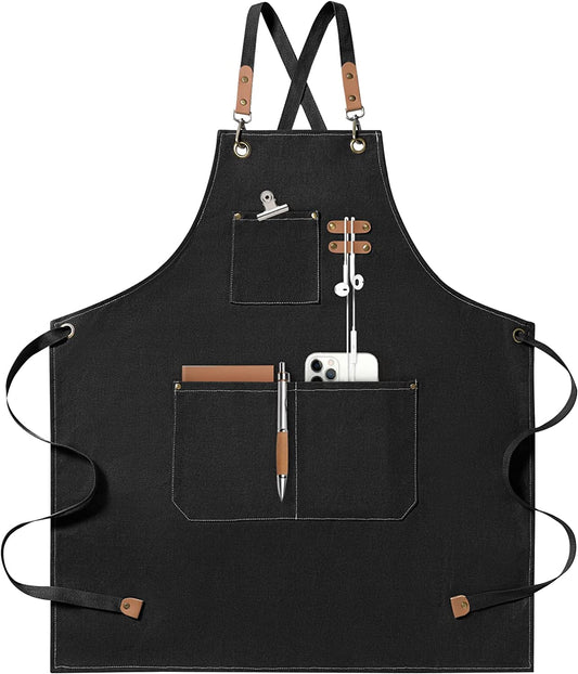 Chef Apron for Men and Women with Large Pockets , Canvas Cross Back Cotton Work Aprons,Size M to XXL, Black