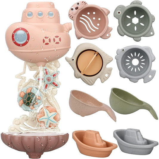 Baby Bath Wall Toys for 1-3 Year Old, Bathtub Water Toys - Contains 4 Stacking Cups, 2 Boats 2 Whale-Shaped Spoons, Gift for 1 Year Old Toddler Boys Girls
