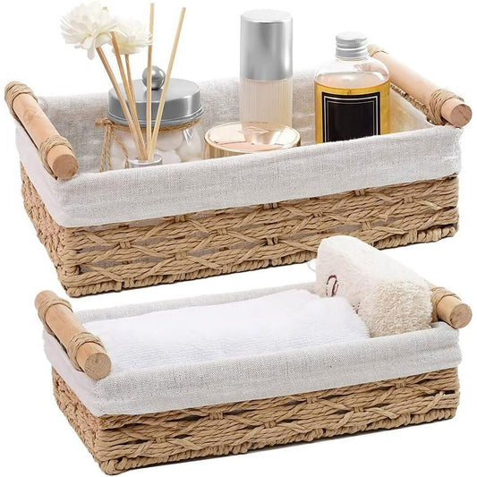 LTONLINE Wicker Storage Baskets with Wooden Handles, Small Decorative Baskets for Organizing, Bathroom Toilet Tank Baskets (Set of 2,Beige)